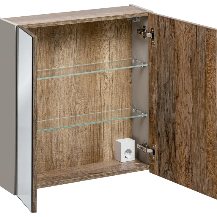Mobile bagno sospeso 60cm con lavabo, mobile specchio e colonna grigio quercia Serif
