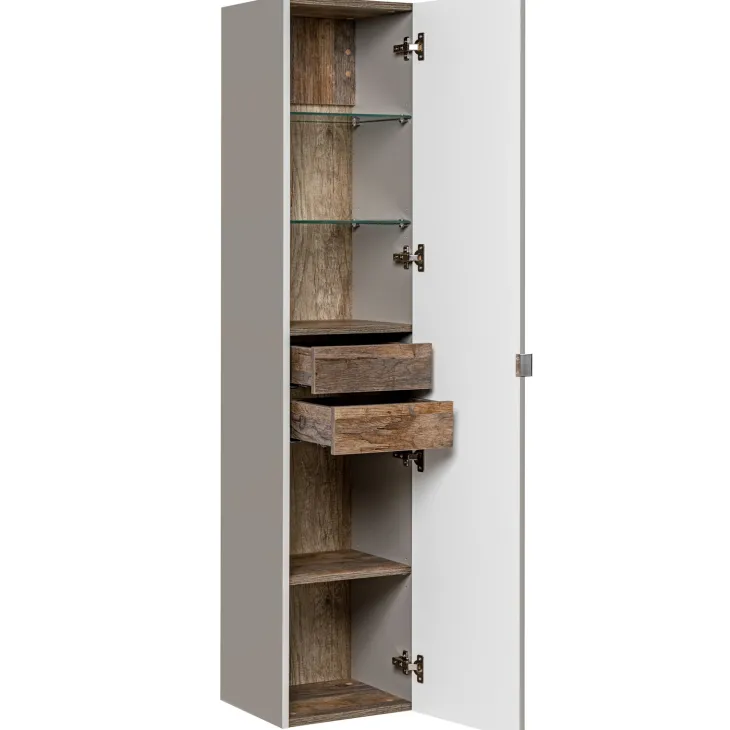 Mobile bagno sospeso 60cm con lavabo, mobile specchio e colonna grigio quercia Serif