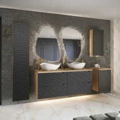 Mobile bagno sospeso 120cm con 2 lavabi, colonna, pensile e base sospesa nero rovere Swim