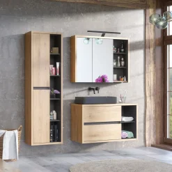 Mobile bagno sospeso 100cm con lavabo, mobile specchio e colonna rovere antracite Veny
