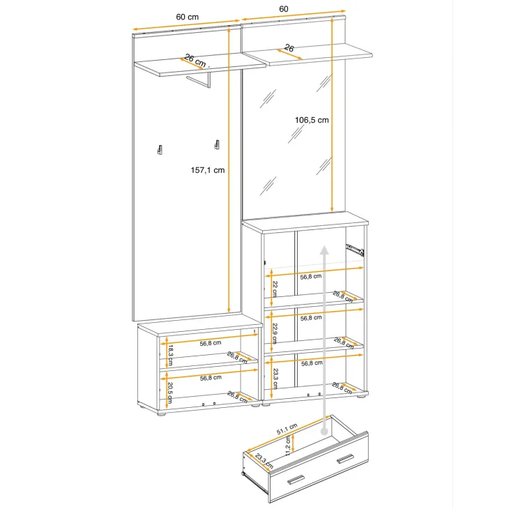 Mobile ingresso 120x203h cm con specchio e appendiabiti rovere sonoma California 2 Gihome®