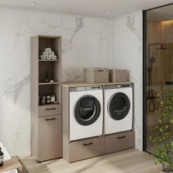 Mobile lavatrice e asciugatrice 132x117h cm con cassettone tortora rovere Wave