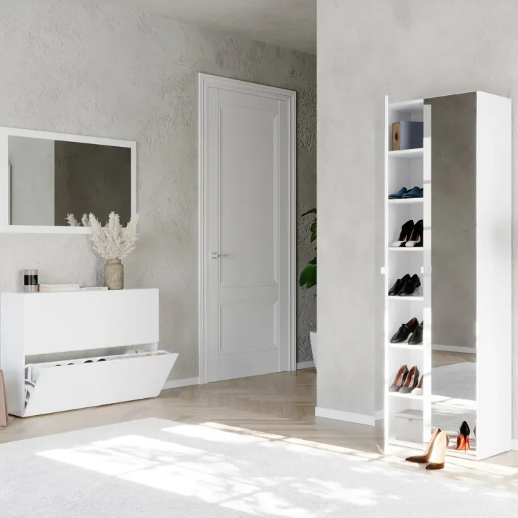 Mobile scarpiera multiuso ingresso 63x186h cm 2 ante a specchio bianco lucido Roks