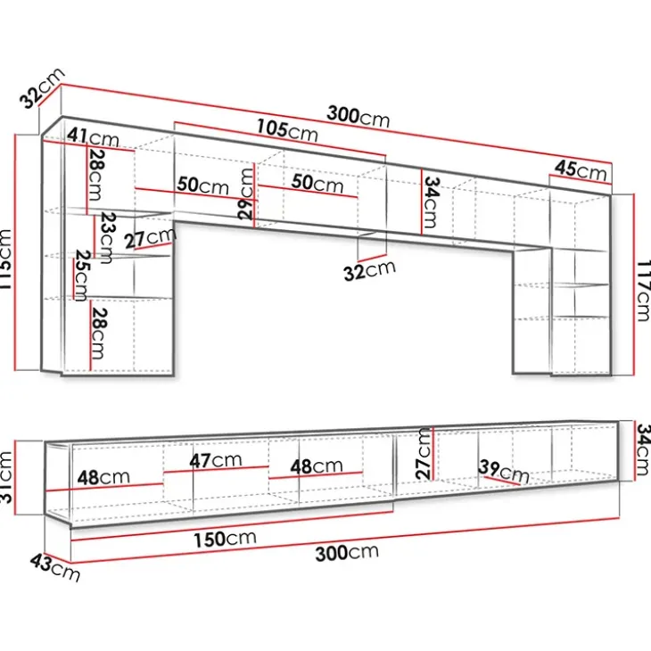 Parete attrezzata sospesa 300x185h cm porta tv con vetrine bianco lucido Mons