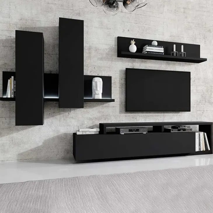 Parete attrezzata 219x205h cm soggiorno nero opaco Megan Gihome®