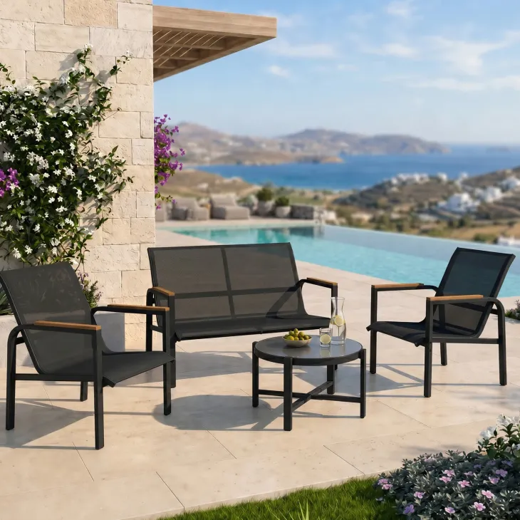 Salotto da giardino relax 4 posti con tavolino in acciaio e textilene nero Amalfi