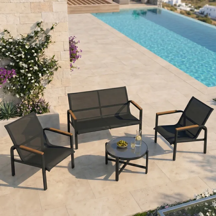 Salotto da giardino relax 4 posti con tavolino in acciaio e textilene nero Amalfi