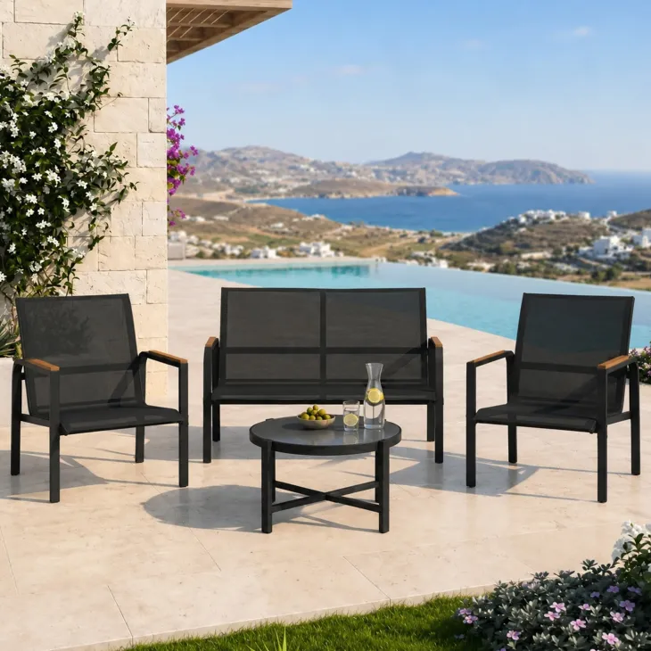 Salotto da giardino relax 4 posti con tavolino in acciaio e textilene nero Amalfi