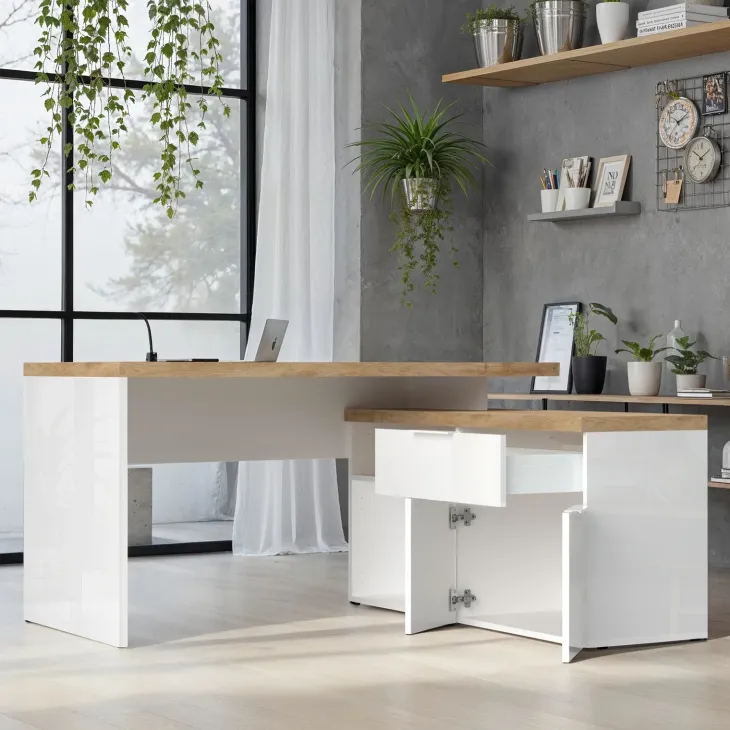Scrivania angolare ufficio reversibile 140x120cm bianco lucido rovere chiaro Opera