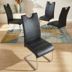 Set 4 sedie sala da pranzo in ecopelle e acciaio cromato nero Deva
