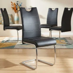 Set 4 sedie sala da pranzo in ecopelle e acciaio cromato nero Deva