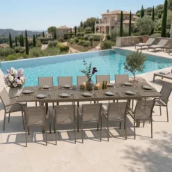 Set tavolo da giardino allungabile 200/300cm tortora + 6 sedie con braccioli tondi tortora Brezza