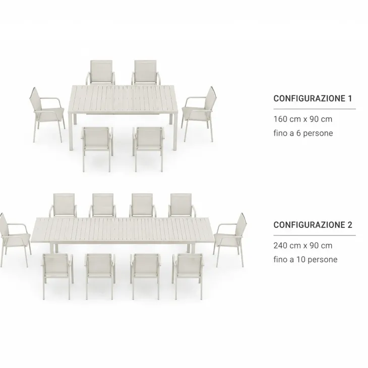 Set tavolo da giardino allungabile 160/240cm bianco + 4 sedie con braccioli tondi bianco Brezza