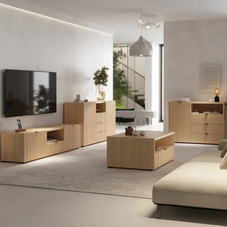 Tavolino da salotto 100x65cm cannettato 1 cassetto rovere Sally