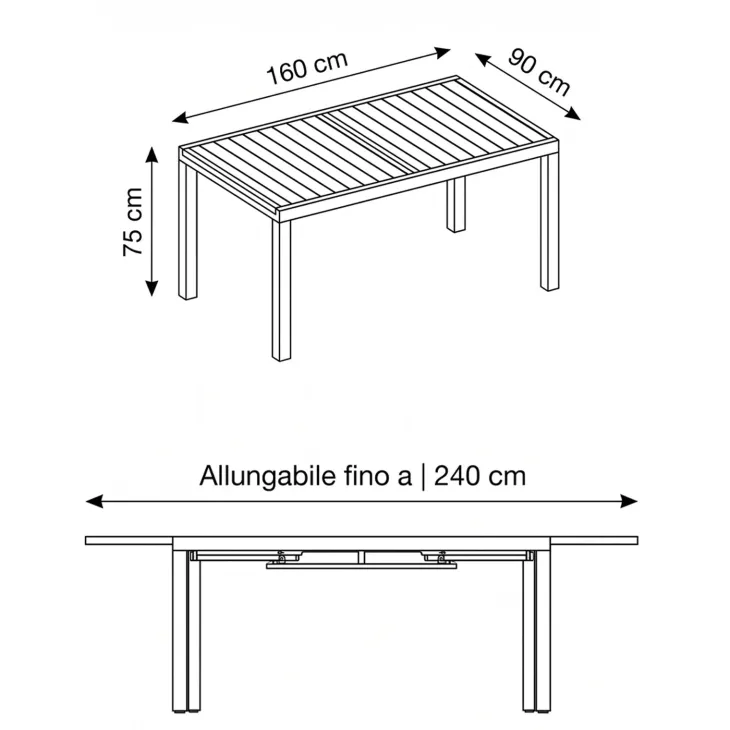 Tavolo da giardino allungabile 160/240x90cm in alluminio tortora Brezza